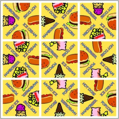 A yellow background with different types of food on it.