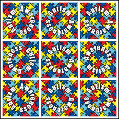 Nine squares of different colors with the words autism awareness written on them.